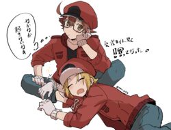  2boys :o aa-2153 ac-1677 ahoge banchii blonde_hair blue_pants brown_hair cabbie_hat denim glasses gloves hat hataraku_saibou hataraku_saibou_black highres jacket lying male_focus multiple_boys on_side pants red_blood_cell_(hataraku_saibou) red_headwear red_jacket short_hair sleeping thought_bubble white_background white_gloves 