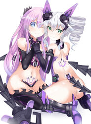  2girls absurdres armor bikini_armor bimmy black_sister black_sister_(chaos_form) blue_eyes blush boots collar commentary drill_hair english_commentary green_eyes hair_between_eyes headgear highres holding_hands long_hair looking_at_viewer mechanical_tail multiple_girls nepnep_connect:_chaos_chanpuru neptune_(series) one_eye_closed power_symbol power_symbol-shaped_pupils pubic_tattoo purple_hair purple_sister purple_sister_(chaos_form) simple_background sitting smile symbol-shaped_pupils tail tattoo thigh_boots thighhighs twin_drills wariza white_background white_hair yuri 