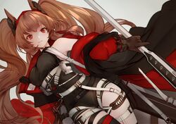  angelina_(arknights) angelina_(distinguished_visitor)_(arknights) animal_ears arknights black_leotard black_thighhighs blush breasts brown_gloves brown_hair closed_mouth coat commentary dutch_angle female fox_ears gloves grey_background holding holding_staff leotard lips long_hair looking_at_viewer medium_breasts nido_celisius official_alternate_costume open_clothes open_coat red_coat red_eyes simple_background single_thighhigh sleeveless smile solo staff strap taut_clothes thigh_gap thighhighs thighs twintails very_long_hair 