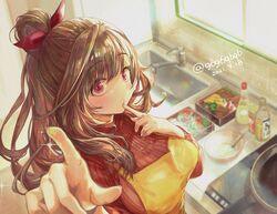  apron bottle bow bowl brown_hair dated faucet female food frying_pan hairbow idolmaster idolmaster_shiny_colors index_finger_raised indoors kitchen kuroda_kuroko licking licking_finger long_hair long_sleeves looking_at_viewer lunchbox sink solo sweater tsukioka_kogane twitter_username window 