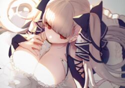  azur_lane between_breasts blunt_bangs blurry blush breasts cleavage closed_mouth depth_of_field dress eyelashes female formidable_(azur_lane) frilled_dress frills from_above grey_background hair_ribbon hand_on_own_chest large_breasts long_hair necktie necktie_between_breasts nido_celisius red_eyes ribbon simple_background solo twintails white_hair white_necktie 