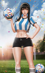  2022_fifa_world_cup ;) al_rihla argentina argentinian_flag argentinian_flag_print asociacion_de_futbol_argentina ass_visible_through_thighs ball black_hair black_shorts blue_shirt blurry blurry_background breasts collarbone confetti crop_top crop_top_overhang cropped_shirt drawing feet_out_of_frame female flag_print hand_on_own_hip highres kneehighs kyopink large_breasts linea_alba looking_at_viewer midriff navel nose one_eye_closed outdoors red_eyes shirt short_hair_with_long_locks short_shorts shorts sky smile soccer_ball soccer_field soccer_uniform socks solo sportswear spy_x_family striped_clothes striped_shirt vertical-striped_clothes vertical-striped_shirt white_shirt wide_hips world_cup yor_briar 