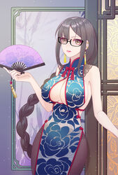  bare_shoulders blush braid braided_ponytail breasts brown_eyes brown_hair cleavage danxing_aipangzi fate/grand_order fate_(series) female folding_fan glasses hand_fan highres large_breasts long_hair looking_at_viewer pantyhose parted_lips solo thighs very_long_hair yu_mei-ren_(fate) yu_mei-ren_(spare_the_idle_talk)_(fate) 