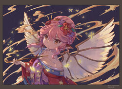  alternate_costume alternate_hairstyle animal_ears bird_ears bird_wings brown_eyes closed_mouth collarbone commentary_request dated female flower hair_between_eyes hair_flower hair_ornament highres holding holding_smoking_pipe japanese_clothes kimono lazy_eye long_sleeves mystia_lorelei nero_augustus pink_hair purple_flower red_flower red_kimono short_hair smile smoking_pipe solo touhou touhou_mystia&#039;s_izakaya twitter_username white_wings wide_sleeves wings 