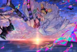  bikini bikini_top_only blonde_hair blue_eyes choker collarbone cone_hair_bun double_bun falling female gas_mask gloves goggles goggles_on_head green_gloves hair_bun hand_in_pocket highres lab_coat looking_at_viewer lucia_fex mask midriff multicolored_hair ocean outdoors pink_hair promare purple_legwear red_skirt shoes side_ponytail signature skirt smile sneakers striped_clothes striped_thighhighs sunset swimsuit thighhighs two-tone_hair water yellowking_hiro 