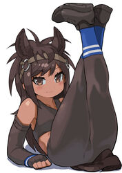  animal_ear_fluff animal_ears bare_shoulders black_gloves black_hair black_pantyhose black_sports_bra bridle brown_eyes brown_thoroughbred_(kemono_friends) commentary dark-skinned_female dark_skin elbow_gloves extra_ears female fingerless_gloves full_body gloves highres horse_ears horse_girl horse_tail kemono_friends legs_up light_smile long_hair looking_at_viewer pantyhose rinx simple_background solo sports_bra tail white_background 