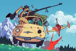  aircraft anthro arsene_lupin_iii canid canine canis car caviid clothing crossover daisuke_jigen dreamworks duo fiat fiat_500 guinea_pig gun hat headgear headwear hi_res inside_car lupin_iii male mammal mr._snake_(the_bad_guys) mr._wolf_(the_bad_guys) necktie ranged_weapon reptile rodent scalie shooting snake suit the_bad_guys topwear unseriousguy vehicle weapon wolf 