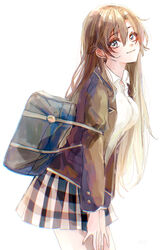  absurdres aged_down alternate_costume bag black_eyes black_jacket blazer breasts brown_hair commentary_request female hair_between_eyes highres hiratsuka_shizuka jacket long_hair long_sleeves looking_at_viewer medium_breasts paddy_field plaid plaid_skirt pleated_skirt school_bag school_uniform skirt sobu_high_school_uniform solo teenage yahari_ore_no_seishun_lovecome_wa_machigatteiru. 