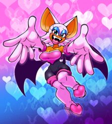  2022 anthro bat blue_eyeshadow boots clothing digital_media_(artwork) eyeshadow fangs female footwear foreshortening galactabee glistening_eyelids gloves handwear hi_res high_heeled_boots high_heels looking_at_viewer makeup mammal outstretched_arms rouge_the_bat sega solo sonic_the_hedgehog_(series) teeth 