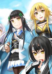  4girls armor black_hair blonde_hair blood blood_on_face blue_sky blunt_bangs bob_cut coat commentary day eating forehead_protector fur-trimmed_coat fur_trim hair_ornament hand_up haori highres holding holding_sack izumi-no-kami_kanesada_(tenka_hyakken) japanese_armor japanese_clothes kashuu_kiyomitsu_(tenka_hyakken) kiku_ichimonji_norimune kote kurofuti light_purple_hair long_hair multiple_girls nagasone_kotetsu_(tenka_hyakken) outdoors pleated_skirt sack shinsengumi short_hair skirt sky teeth tenka_hyakken upper_teeth_only wiping_blood yellow_eyes 