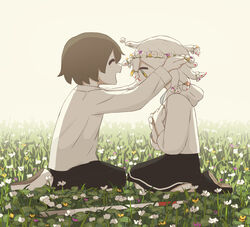  &gt;_&lt; 1boy :d absurdres avogado6 black_footwear black_pants black_skirt blind blue_eyes brown_hair cane closed_eyes closed_mouth commentary couple female field flower flower_field from_side full_body head_wreath highres lolicon long_sleeves multicolored_eyes open_mouth original pants profile seiza shoes sitting skirt smile snake snake_hair straight white_cane white_flower white_footwear white_hair wide-eyed wreath yellow_eyes 