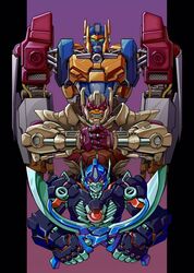  3boys beast_wars beast_wars:_transformers clenched_teeth ct990413 dual_wielding evolution holding holding_sword holding_weapon looking_down looking_to_the_side maximal mecha multiple_boys no_humans open_hands optimal_optimus optimus_primal orange_eyes own_hands_together red_eyes robot science_fiction sword teeth transformers weapon yellow_eyes 