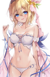  40_(0f0urw) :d absurdres ass_visible_through_thighs bare_shoulders bikini blonde_hair blue_eyes blue_ribbon breasts cleavage collarbone cowboy_shot europa_(granblue_fantasy) europa_(summer)_(granblue_fantasy) female granblue_fantasy hair_ornament highres looking_at_viewer medium_breasts navel official_alternate_costume open_mouth ribbon shawl short_hair simple_background smile solo stomach strapless strapless_bikini swimsuit thigh_gap white_background white_bikini 