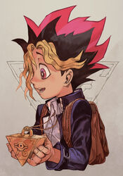  1boy backpack bag belt black_hair blonde_hair blue_jacket collared_shirt dyed_bangs hungry_clicker jacket male_focus millennium_puzzle multicolored_hair muto_yugi open_mouth pink_hair shirt solo upper_body white_shirt yu-gi-oh! yu-gi-oh!_(toei) yu-gi-oh!_duel_monsters 