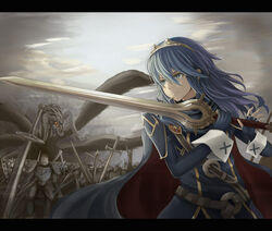  armor army blue_eyes blue_hair cape commentary_request dragon falchion_(fire_emblem) female fiction_(forged) fingerless_gloves fire_emblem fire_emblem_awakening gloves grima_(fire_emblem) long_hair lucina_(fire_emblem) nintendo sword tiara weapon 