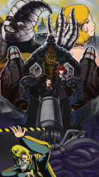  2boys 2girls angel_(big_o) bandages big_o_(mecha) blonde_hair bob_cut cockpit commentary_request grin hairband highres jason_beck multiple_boys multiple_girls necktie nora_(nora7) r_dorothy_wayneright reflection roger_smith schwarzwald short_hair smile teeth the_big_o 