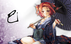  bare_shoulders blush commentary_request female highres japanese_clothes kimono kiseru oil-paper_umbrella onozuka_komachi photoshop_(medium) red_eyes red_hair short_hair smoking_pipe solo touhou two_side_up umbrella yuuki_eishi 