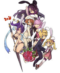  2011 2boys 4girls animal_ears anise_tatlin anise_tatlin_(cosplay) bikini black_bikini blonde_hair blue_eyes bouquet brown_hair closed_eyes commentary_request cosplay doll estellise_sidos_heurassein estellise_sidos_heurassein_(enchanting_belle) flower flynn_scifo flynn_scifo_(cultured_gentleman) highres holding_hands in-franchise_crossover interlocked_fingers judith_(barely-there_black_bikini)_(tales) judith_(tales) long_hair multiple_boys multiple_girls new_year official_alternate_costume official_cosplay patty_fleur pink_flower pink_hair pink_rose pointy_ears purple_eyes rabbit_ears red_flower red_rose rita_mordio rita_mordio_(puppy_pajamas) rose short_hair soto swimsuit sword tales_of_(series) tales_of_the_abyss tales_of_vesperia weapon white_background yuri_lowell yuri_lowell_(dark_enforcer) 