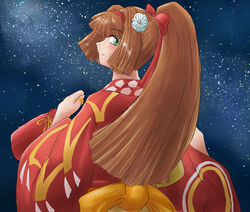  alternate_costume bow brown_hair commentary_request female flower green_eyes hair_flower hair_ornament hairband hairbow japanese_clothes kimono looking_back night night_sky ponytail rean_(sennen_sensou_aigis) red_bow sennen_sensou_aigis sky solo standing star_(sky) starry_sky toren_chi 