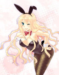  animal_ears blonde_hair blue_eyes breasts cleavage commentary_request female fishnet_pantyhose fishnets large_breasts leaning_forward long_hair one_eye_closed original pantyhose playboy_bunny rabbit_ears sarasa-sasa solo 