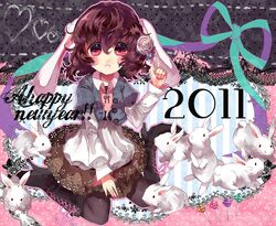  alternate_costume animal_ears black_pantyhose boots brown_hair commentary_request cross-laced_footwear female high_heels hoshika_ranoe inaba_tewi new_year pantyhose rabbit rabbit_ears red_eyes shoes short_hair solo too_many too_many_rabbits touhou 