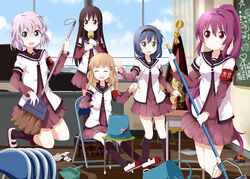  5girls ai_ai_gasa black_hair blue_hair brown_hair cleaning commentary_request dress furutani_himawari glasses highres ikeda_chitose long_hair matsumoto_rise multiple_girls nanamori_school_uniform oomuro_sakurako ponytail purple_eyes purple_hair red_eyes ruu_(tksymkw) sailor_dress school_uniform serafuku short_hair sugiura_ayano unconventional_guitar yuru_yuri 