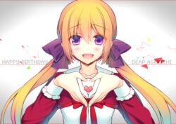  blonde_hair bow commentary_request female giuniu hairbow happy_birthday heart heart_hands kuu_(agekichi) long_hair looking_at_viewer low_twintails open_mouth original purple_eyes smile solo twintails upper_body 