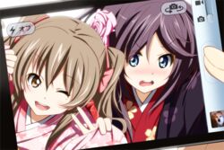  2girls animal blue_eyes blush brown_eyes brown_hair camera canine flowers japanese_clothes kimono long_hair original purple_hair rose short_hair suemizu_yuzuki wink 