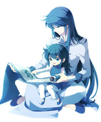  2boys blue_hair chinese_clothes commentary_request dragon_ryuuhou dragon_shiryuu father_and_son lolicon long_hair multiple_boys saint_seiya saint_seiya_omega scroll simple_background sitting smile sun_trial white_background 