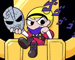  blonde_hair commentary cosplay crossover dio_brando dio_brando_(cosplay) english_commentary female jojo_no_kimyou_na_bouken mandy_(grim_adventures) mask menacing_(jojo) phantom_blood shenanimation sound_effects stone_mask_(jojo) the_grim_adventures_of_billy_&amp;_mandy toon_(style) translated 