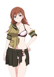  bad_id bad_pixiv_id blush bow bow_bra bra breasts brown_eyes brown_hair cleavage collarbone commentary_request female highres kantai_collection legs long_hair looking_at_viewer medium_breasts navel ooi_(kancolle) panties pink_bra pink_panties school_uniform serafuku shirt shounan_ruizu simple_background skirt solo torn_clothes torn_shirt torn_skirt underwear 