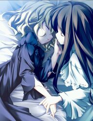  2girls angelina_rocca bed belle_(katahane) closed_eyes fue_(tsuzuku) holding_hands katahane multiple_girls sleeping wings yuri 