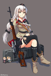  3girls aiguillette asymmetrical_legwear black_gloves black_hat black_skirt brown_footwear brown_shirt capelet case character_doll character_name chinese_commentary commentary_request crossed_legs doll dragunov_svd fingerless_gloves girls&#039;_frontline gloves grey_background grey_eyes gun hair_ornament hair_ribbon hairclip hand_on_own_thigh hat highres holding holding_gun holding_weapon long_hair low-tied_long_hair low_twintails multiple_girls ndtwofives pleated_skirt ribbon rifle scope scw_(girls&#039;_frontline) shirt sitting sitting_on_object skirt smile sniper_rifle sv-98_(girls&#039;_frontline) svd_(girls&#039;_frontline) thighhighs twintails twitter_username uneven_legwear weapon white_hair 