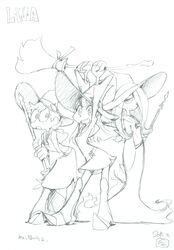  3girls akko_kagari boots broom copyright_name glasses hair_over_one_eye hat highres holding imaishi_hiroyuki little_witch_academia long_hair lotte_yanson monochrome multiple_girls official_art open_mouth short_hair sucy_manbabalan wand witch witch_hat 