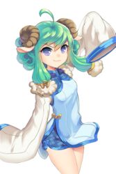  :3 ahoge aqua_hair blue_eyes dakun female floral_print highres horns long_sleeves looking_at_viewer official_art sheep_horns simple_background soccer_spirits solo standing transparent_background wide_sleeves xiao_lang 