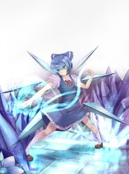  blue_bow blue_dress blue_eyes blue_hair bow cirno commentary_request crystal dress female fighting_stance hairbow highres ice ice_wings kneehighs magic magic_circle pointing short_hair smile socks solo touhou vicsen-u5 white_socks wings 