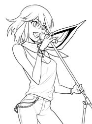  bad_id bad_twitter_id bracelet casual denim female greyscale highres jeans jewelry kill_la_kill line_art matoi_ryuuko microphone monochrome pants scarf senketsu senketsu_(scarf) short_hair solo yahoklh 