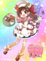  adapted_costume aged_down apron basket brown_hair carrot chef_hat commentary_request cooking_idol_ai!_mai!_main! crane_(machine) dated female food frills hair_ornament hair_ribbon hairclip hat heart hiiragi_mine ice_cream kantai_collection kneehighs koruri lolicon long_hair looking_at_viewer machinery mamiya_(kancolle) onion open_mouth puffy_short_sleeves puffy_sleeves purple_eyes ribbon short_sleeves smile socks solo translation_request twitter_username 