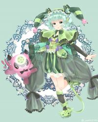  aqua_eyes aqua_hair arm_warmers astaroth_(p&amp;d) black_arm_warmers black_bow black_legwear bloomers blush bow cauchemar_(p&amp;d) chestnut_mouth commentary_request creature demon_girl demon_horns female frilled_bow frilled_shawl frills full_body green_background green_bloomers green_bow hair_ornament hairband hat highres holding holding_pillow horns jester_cap mitsukan_(maitaro22) open_mouth pillow puffy_pants purple_bow puzzle_&amp;_dragons shawl short_hair slippers solo twitter_username 