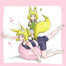  2girls ? absurdres animal_ears ass backpack bag ball bare_arms bare_shoulders barefoot bike_shorts blonde_hair blush breasts cleavage commentary doitsuken exercise_ball fang_out fox_daughter_(doitsuken) fox_ears fox_tail fox_wife_(doitsuken) green_eyes green_legwear highres holding_strap jewelry leaning_on_ball lolicon looking_at_another medium_breasts mother_and_daughter multiple_girls oerba_yun_fang original pink_eyes plantar_flexion reaching ring school_uniform short_hair skirt socks standing stretching tail tank_top trembling wedding_ring white_background white_skirt 