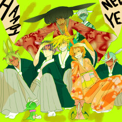  3girls 4boys afro animal_ears black_hair blonde_hair blue_eyes blue_hair bow breasts brief_(character) brief_(psg) brothers bunny_ears chuck chuck_(psg) cleavage closed_eyes corset_(character) dark_skin demon_boy english everyone fastener frown garterbelt_(character) garterbelt_(psg) glasses green_hair grin horns japanese_clothes kimono kneesocks_(character) kneesocks_(psg) multicolored_hair multiple_boys multiple_girls new_year open_mouth panty_&amp;_stocking_with_garterbelt panty_(character) panty_(psg) pink_hair pointy_ears purple_hair red_eyes red_hair red_skin rule_63 scanty scanty_(psg) short_hair siblings sitting smile stocking_(character) stocking_(psg) white_hair yellow_eyes 