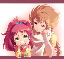  1boy age_difference brown_hair commentary_request female green_eyes hair_bobbles hair_ornament kiki_(saint_seiya) long_hair photoshop_(medium) ponytail purple_eyes raki_(saint_seiya) red_hair saint_seiya saint_seiya_omega sun_trial 