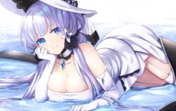  azur_lane blue_eyes breasts choker cleavage collarbone commentary_request dress elbow_gloves female garter_straps gloves grey_hair hair_ornament hat illustrious_(azur_lane) kon_(k0n16) large_breasts long_hair looking_at_viewer lying on_stomach shallow_water smile solo sun_hat thighhighs tri_tails water white_dress white_gloves white_thighhighs 