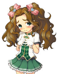  blush bow brown_hair commentary_request female fingers_together gloves green_eyes green_skirt hairbow heart idolmaster idolmaster_cinderella_girls kusakabe_wakaba long_hair looking_at_viewer marching_melodies_(idolmaster) nametake photoshop_(medium) pink_bow skirt solo standing thick_eyebrows white_gloves 