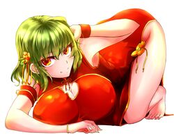  all_fours alternate_costume armpits bare_shoulders barefoot blush bracelet breasts china_dress chinese_clothes cleavage cleavage_cutout closed_mouth clothing_cutout commentary_request dress female flower green_hair hair_flower hair_ornament highres itocoh jewelry kazami_yuuka large_breasts looking_at_viewer orange_eyes red_dress short_hair side_slit sleeveless sleeveless_dress smile solo thighs top-down_bottom-up touhou wristband 