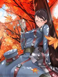  armor autumn blue_eyes blush braid breasts brown_hair cloud cloudy_sky cup day drinking_glass eleanor_varrot female forest glass glasses gloves hat large_breasts leaf looking_to_the_side military military_uniform nature official_art senjou_no_valkyria_(series) senjou_no_valkyria_1 short_hair sitting sky solo sunlight tea_(nakenashi) uniform unworn_hat unworn_headwear 