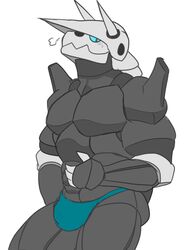  4_fingers aggron anthro black_body black_skin blue_eyes bulge claws clothing fingers generation_3_pokemon hi_res looking_at_viewer male nintendo pokemon pokemon_(species) pokemorph silver_claws simple_background solo speedo swimwear thewildwolfy white_background 