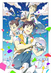  1boy 2girls black_hair blue_eyes brown_eyes brown_hair cloud commentary_request confetti gloves hat headgear kidou_keisatsu_patlabor kidou_keisatsu_patlabor_reboot long_hair multiple_girls odmk police police_uniform ponytail uniform unworn_hat unworn_headgear unworn_headwear visor_cap white_gloves 