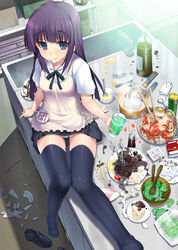  :t absurdres apron black_thighhighs blue_eyes blunt_bangs blush burger chips_(food) cooking cup drink drinking_glass drinking_straw eating female food food_on_face highres kitchen kotobuki_utage kraft legs loafers long_hair melon_soda messy messy_room panties pantyshot pasta photoshop_(medium) potato_chips purple_hair ribbon rice salad sauce shoes sink sitting skirt solo squeeze_bottle thigh_gap thighhighs underwear unworn_shoes waitress white_panties working!! yamada_aoi 