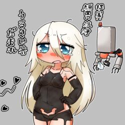  a2_(nier:automata) alternate_hair_color android armpits bad_id bad_pixiv_id bare_shoulders black_gloves black_shirt black_shorts blonde_hair blue_eyes blush breasts bright_pupils check_translation collarbone commentary_request covered_navel cowboy_shot elbow_gloves eyebrows eyelashes eyes_visible_through_hair female gloves grey_background hair_between_eyes hands_on_own_hips heart legs_together long_hair looking_away mechanical_arms medium_breasts messy_hair midriff mole mole_under_mouth nier:automata nier_(series) nose_blush odabuts open_fly open_mouth outline platinum_blonde_hair pod_(nier:automata) shirt short_shorts shorts simple_background single_mechanical_arm solo standing straight_hair tears tissue tissue_box tongue translation_request white_outline white_pupils 